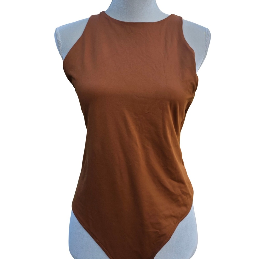 Reoria Womens Bodysuit‎ Top XL Brown Sleeveless Tank High Neck Casual Everyday